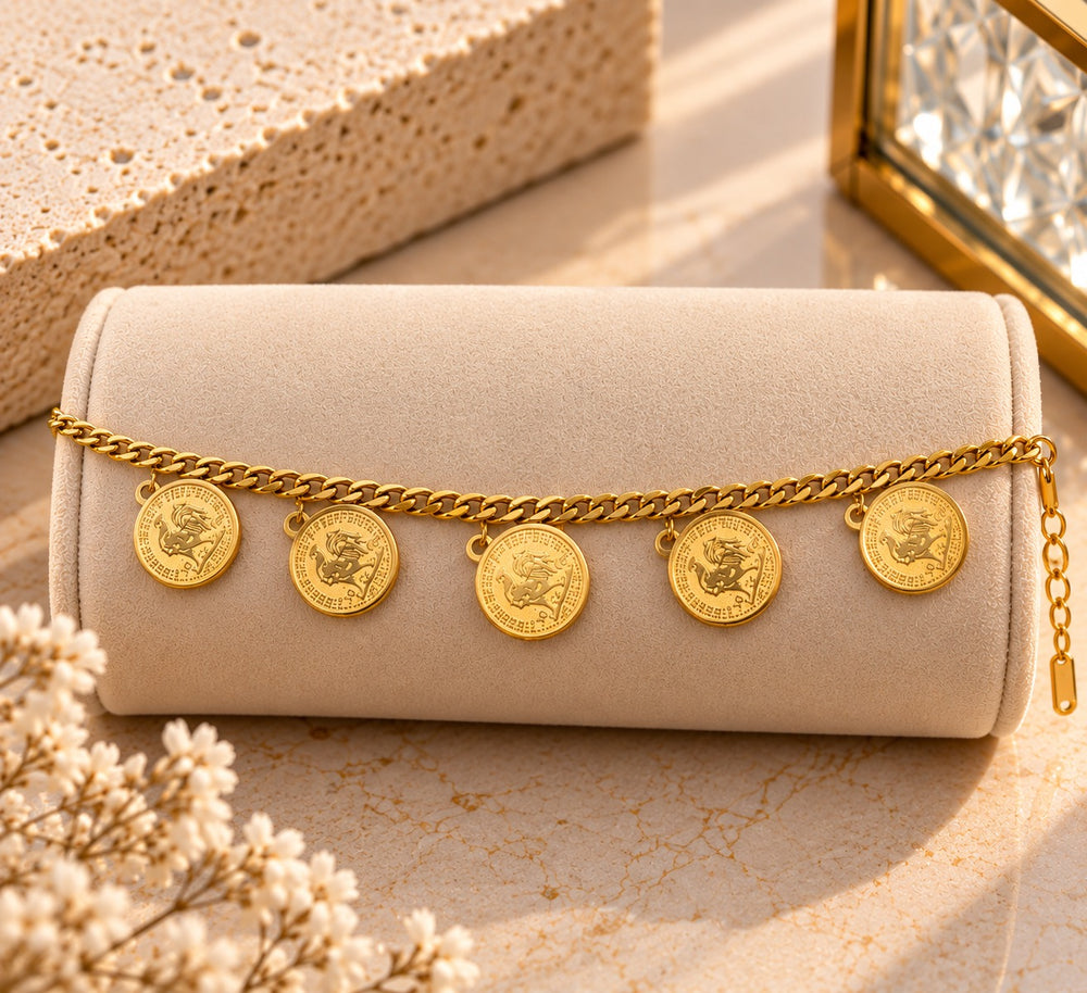 Gold Stainless Steel Four Coin Charm Bracelet 