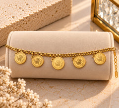 Gold Stainless Steel Four Coin Charm Bracelet 