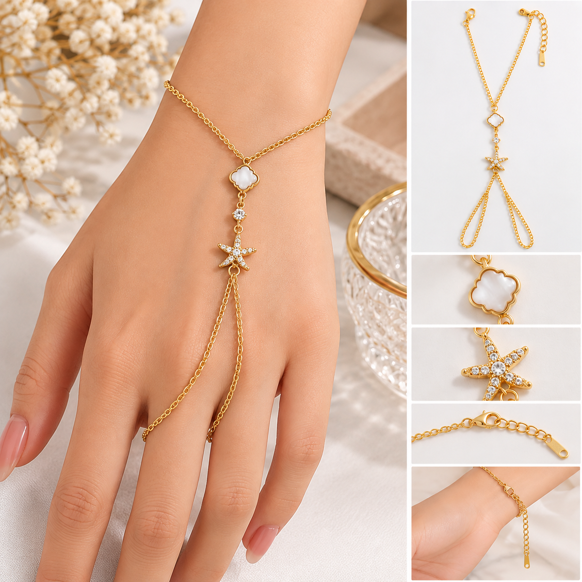 Gold Stainless Steel Starfish Hand Chain Bracelet