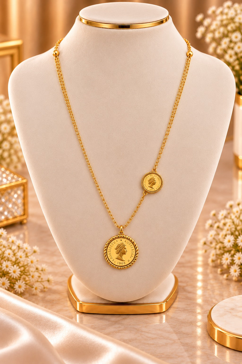 Gold Tone Double Layer Coin Pendant Necklace