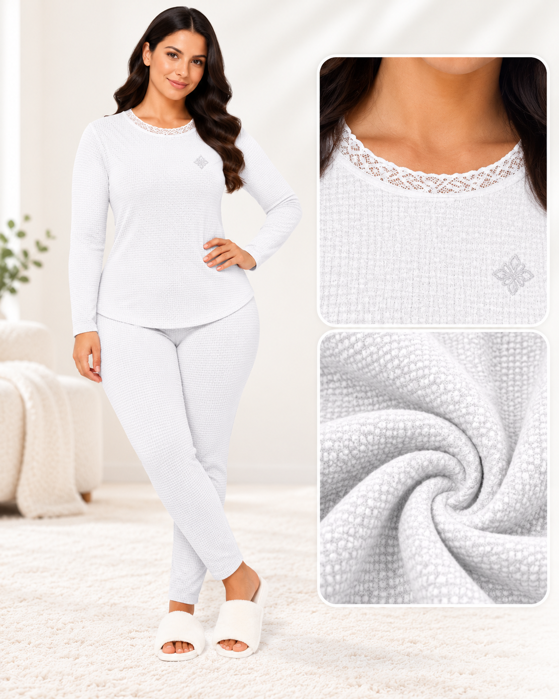 Gray Textured Lace Neck Pajama Set 2 Pcs