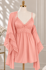 Lace Babydoll Lingerie & Robe Set Peach Pink