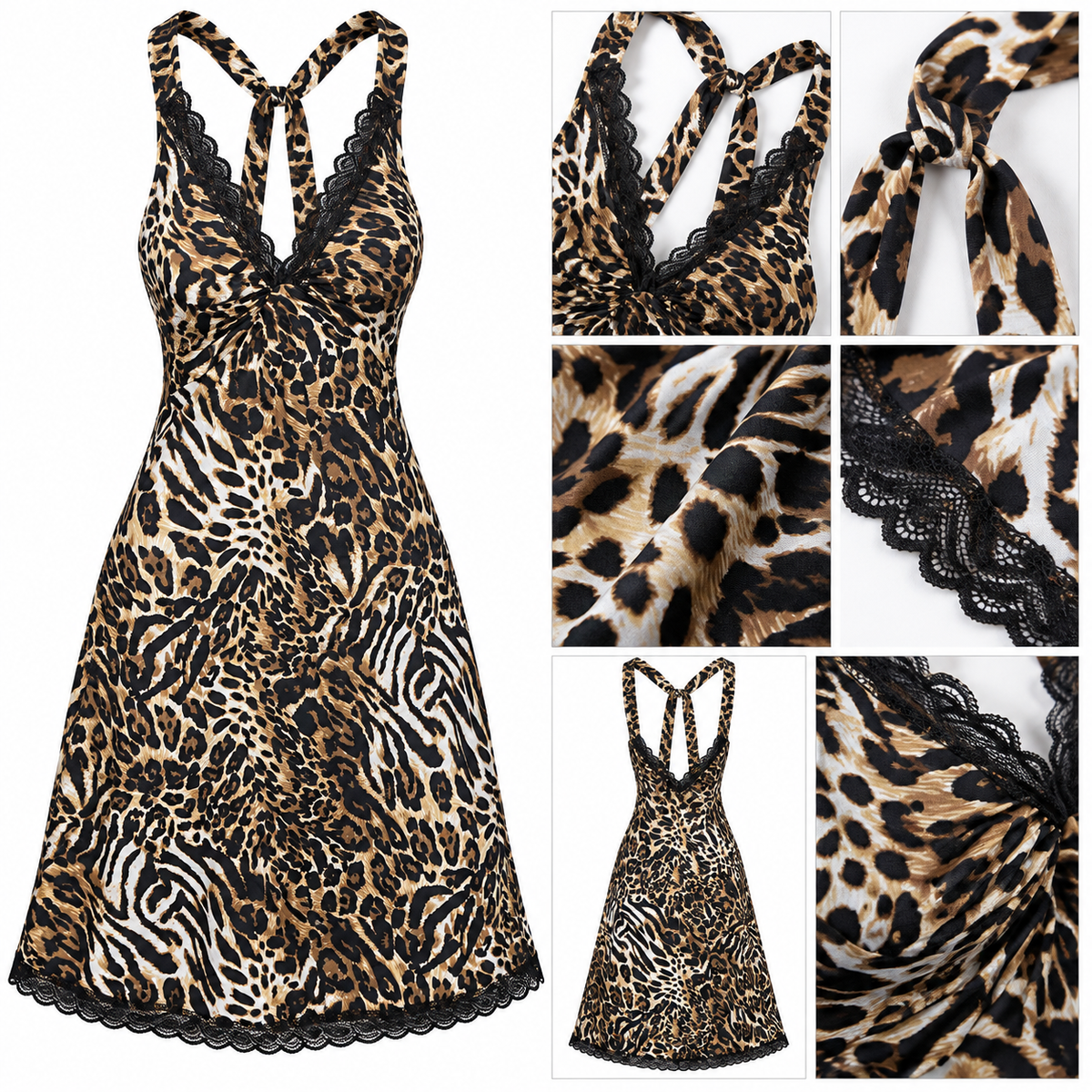Leopard Animal Print Lace Trim Sleeveless Nightdress