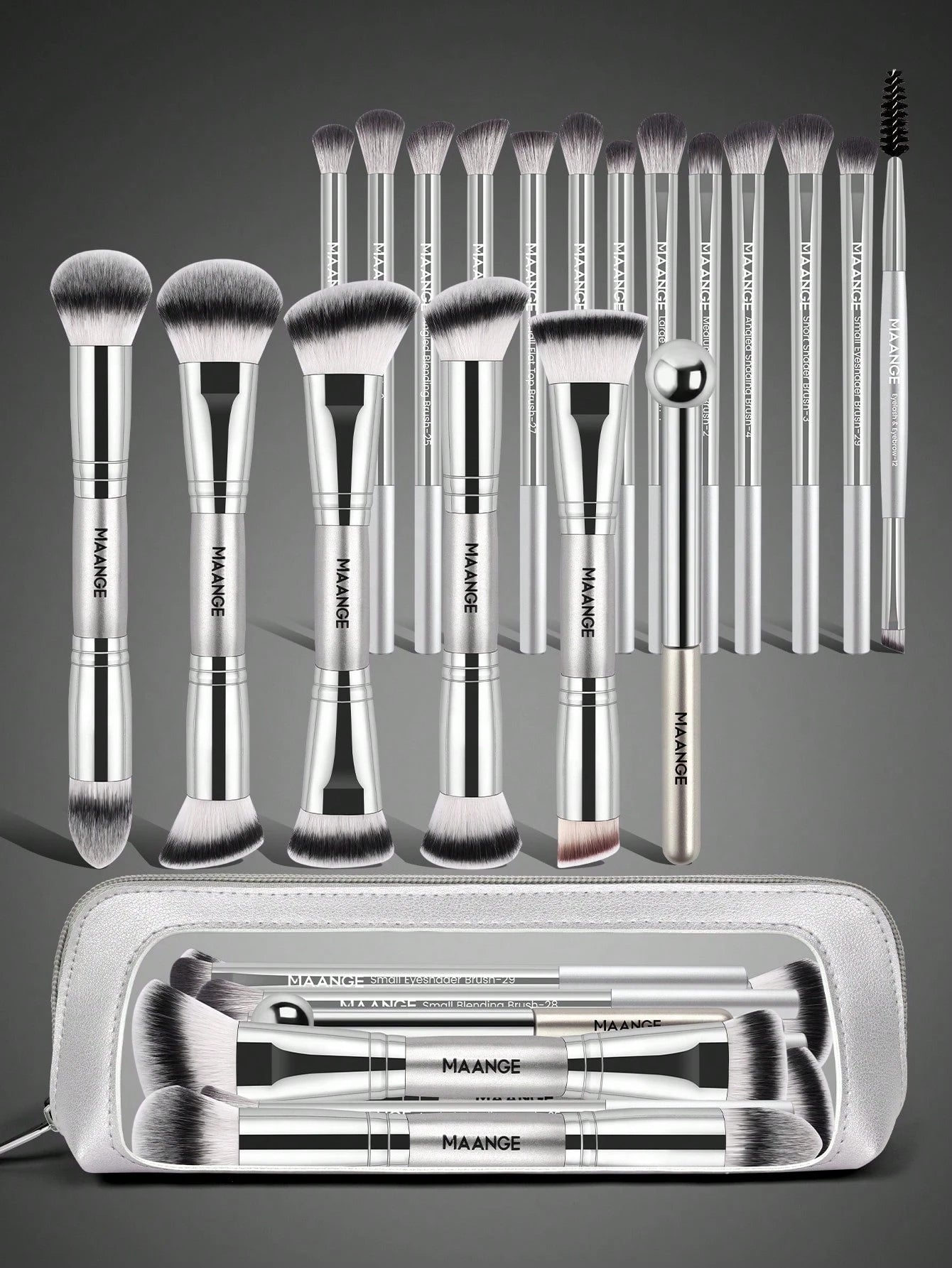 Maange 19Pcs Double Ended Makeup Brush Silver With Bag