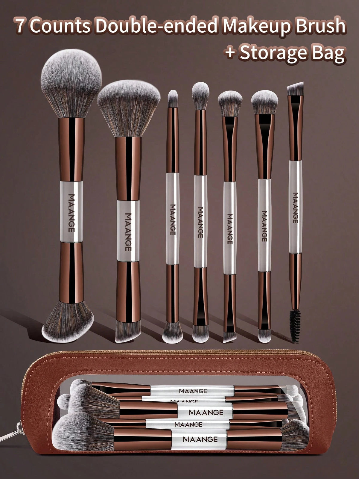 Maange 7Pcs Makeup Brush Metalic Brown With Bag