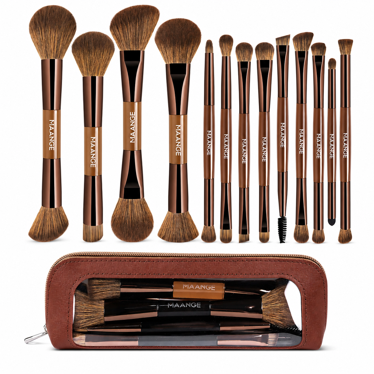 Maange Makeup Brush brown With Bag 13Pcs