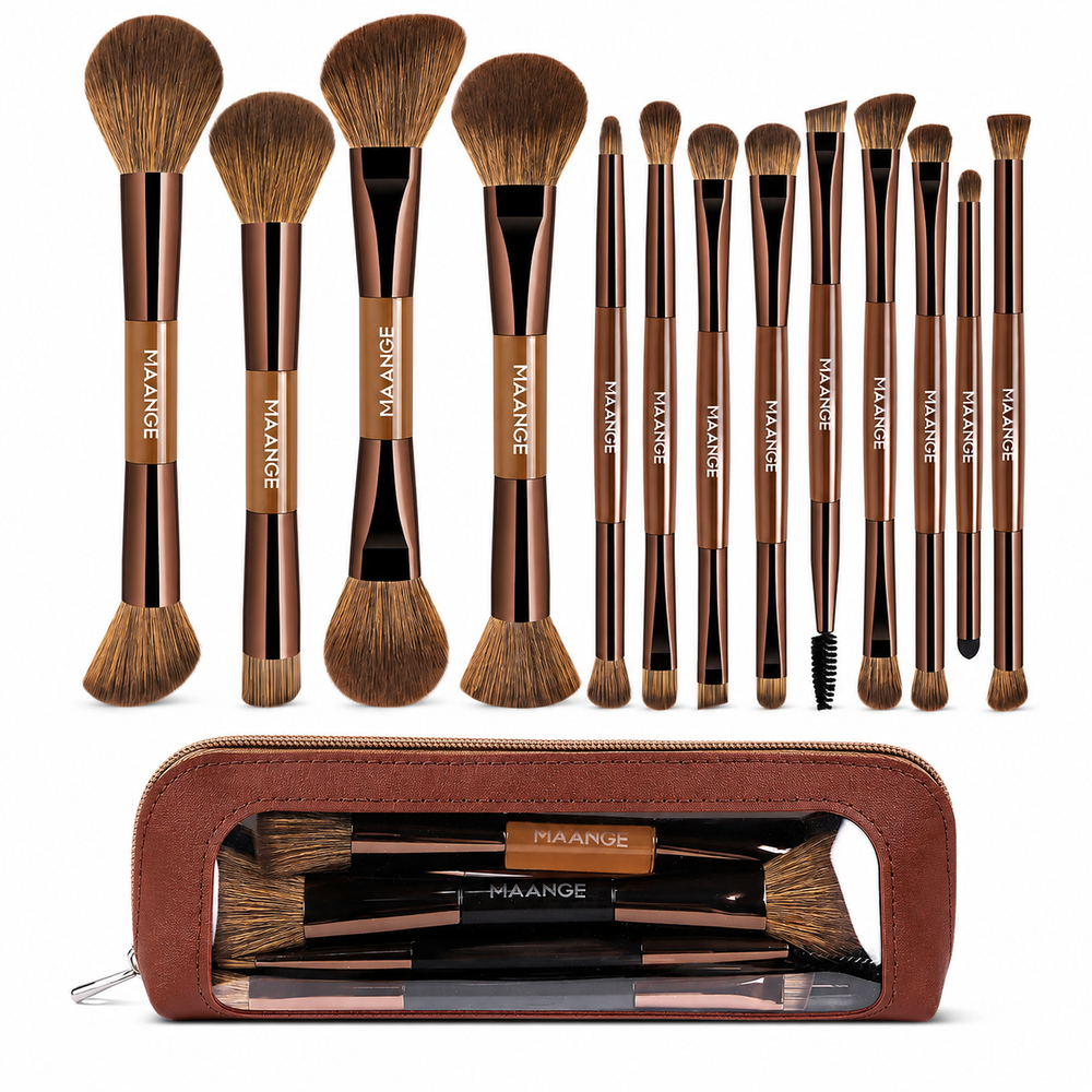 Maange Makeup Brush brown With Bag 13Pcs