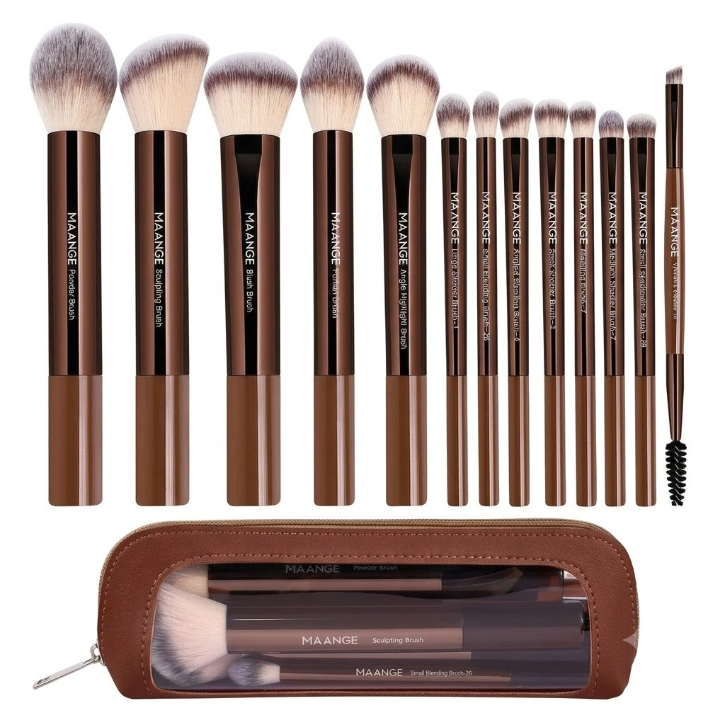 Maange Makeup Brush Brown 13Pcs With Bag