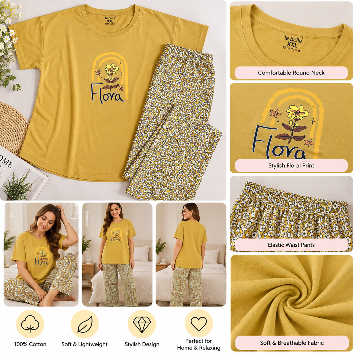 Mustard Floral Print Pajama Set