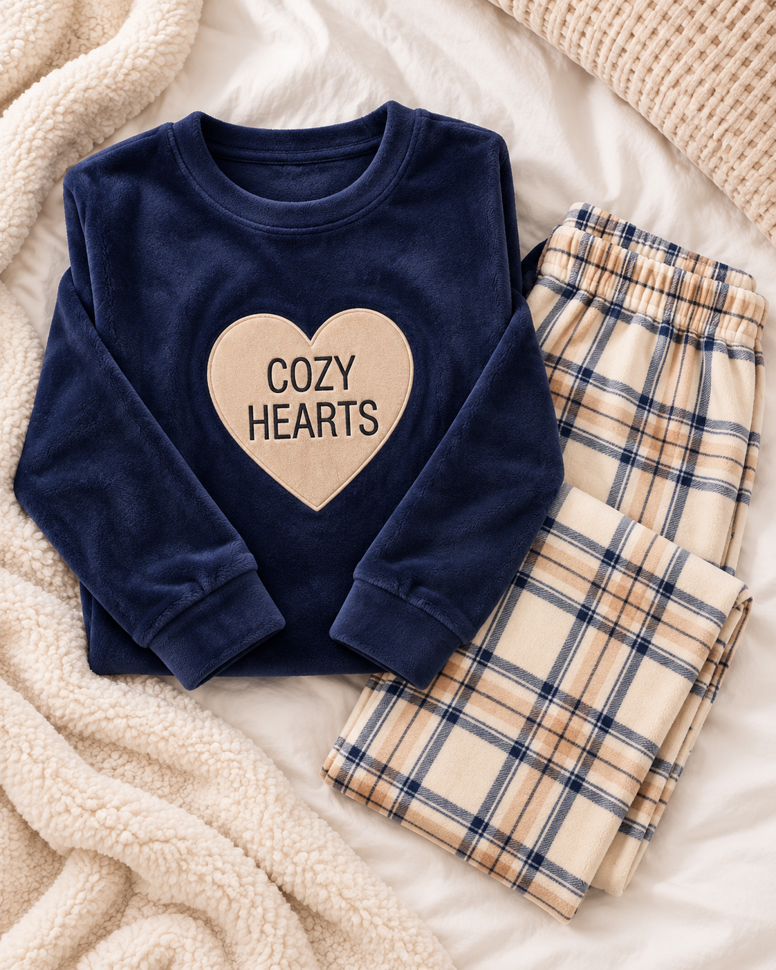 Navy Cozy Hearts Fleece Pajama Set with Plaid Pants