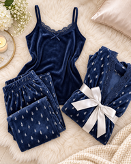 Navy Velvet 3 Piece Pajama Set with Lace Cami, Pants & Robe