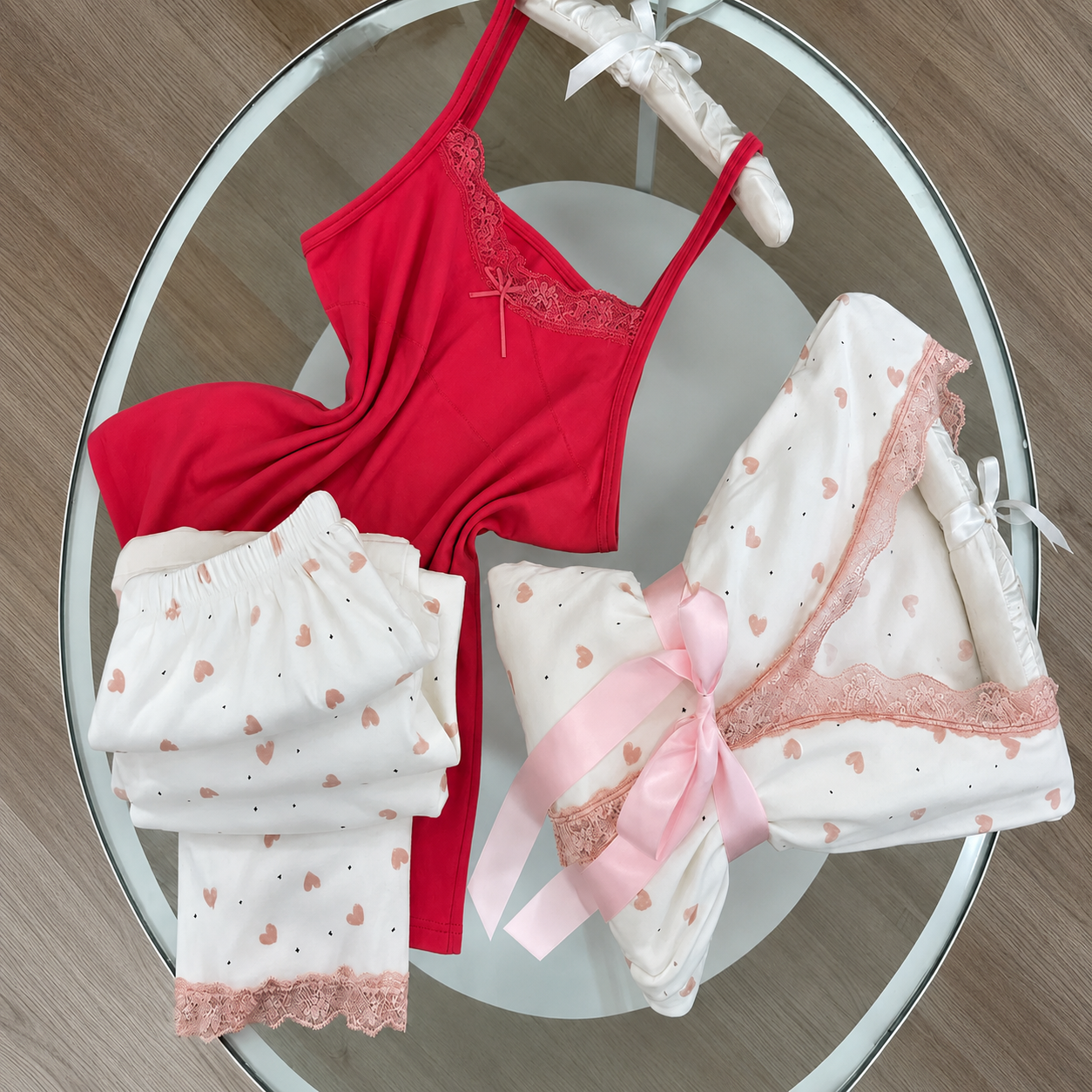 Pink Heart Print 3Pcs Pajama Set