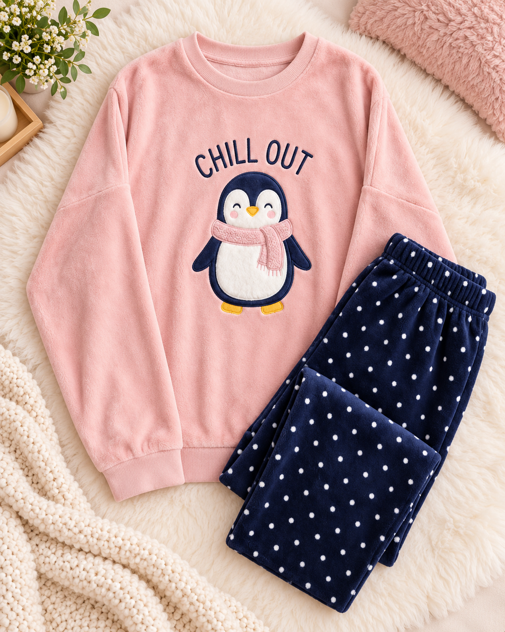 Pink Penguin Fleece Pajama Set with Navy Polka Dot Pants