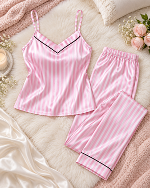 Pink & White Striped Satin Pajama Set with Cami Top & Pants