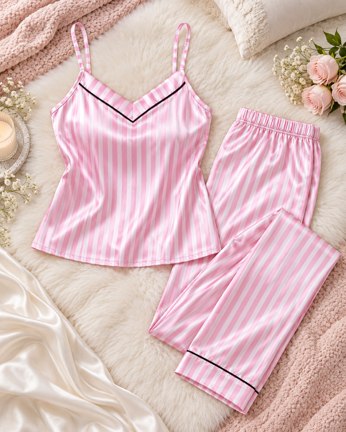 Pink & White Striped Satin Pajama Set with Cami Top & Pants
