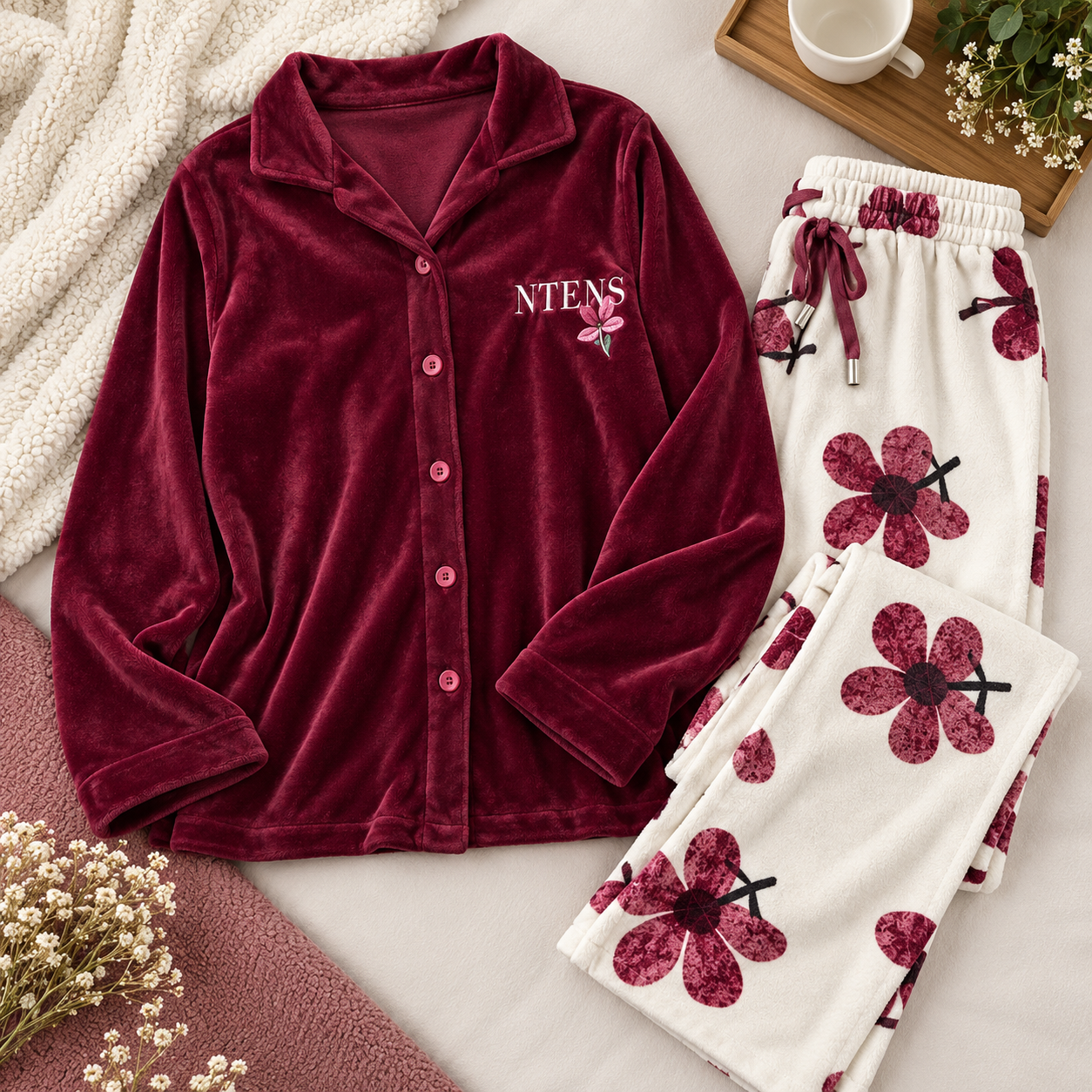 Plush Velvet Floral Pajama Set Burgundy & Cream