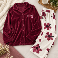 Plush Velvet Floral Pajama Set Burgundy & Cream