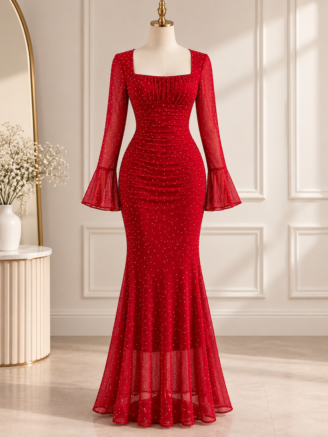Red Glitter Mermaid Maxi Dress
