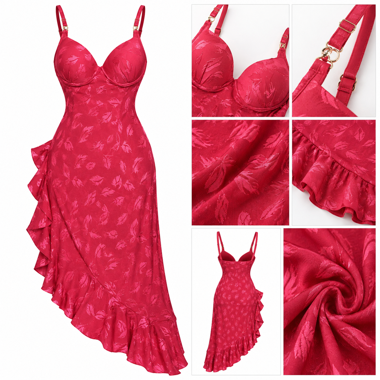 Red Leaf Jacquard Padded Cup Nightdress with Side Ruffle