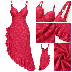 Red Leaf Jacquard Padded Cup Nightdress with Side Ruffle