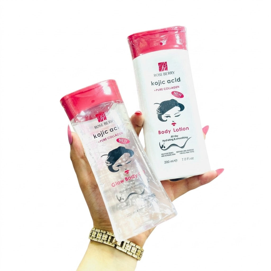 Rose Berry kojic acid body oil + body lotion set