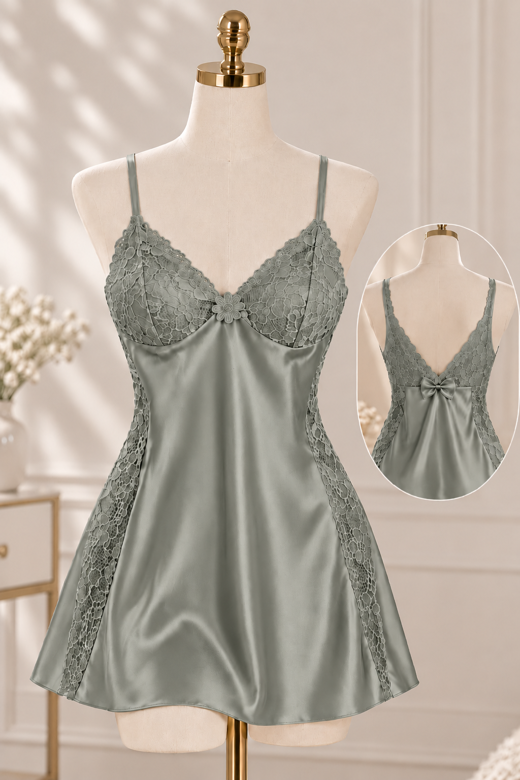 Sage Gray Satin Lace Lingerie