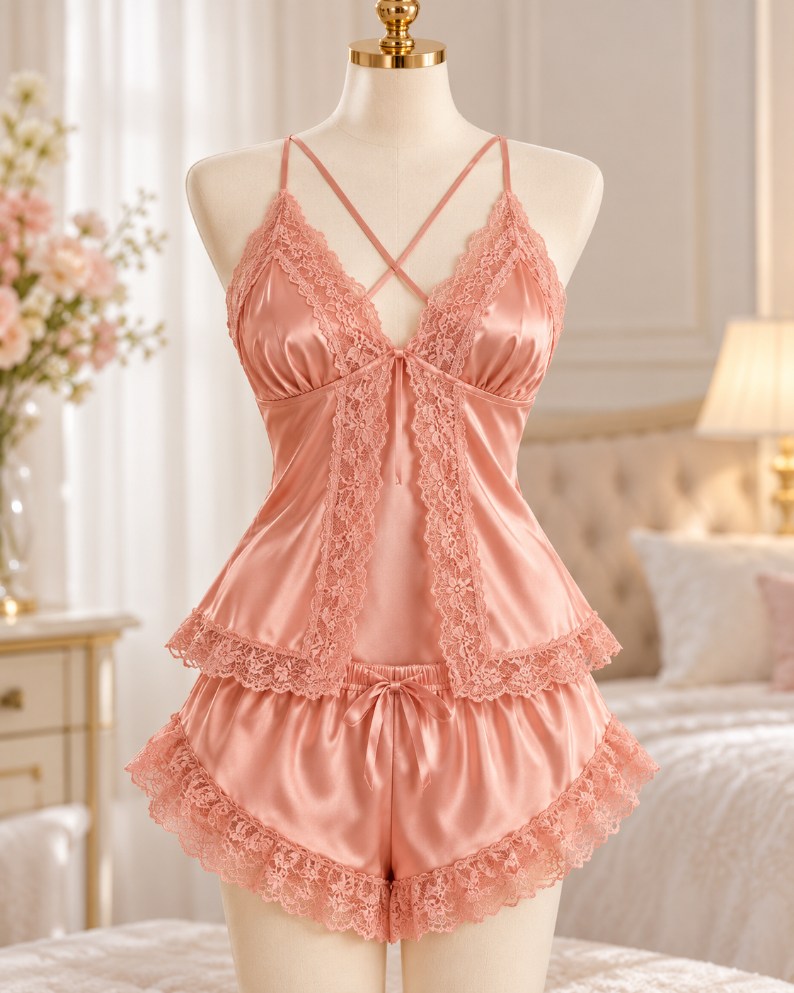 Satin Lace Cami & Shorts Lingerie Set – Peach Pink