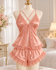 Satin Lace Cami & Shorts Lingerie Set – Peach Pink