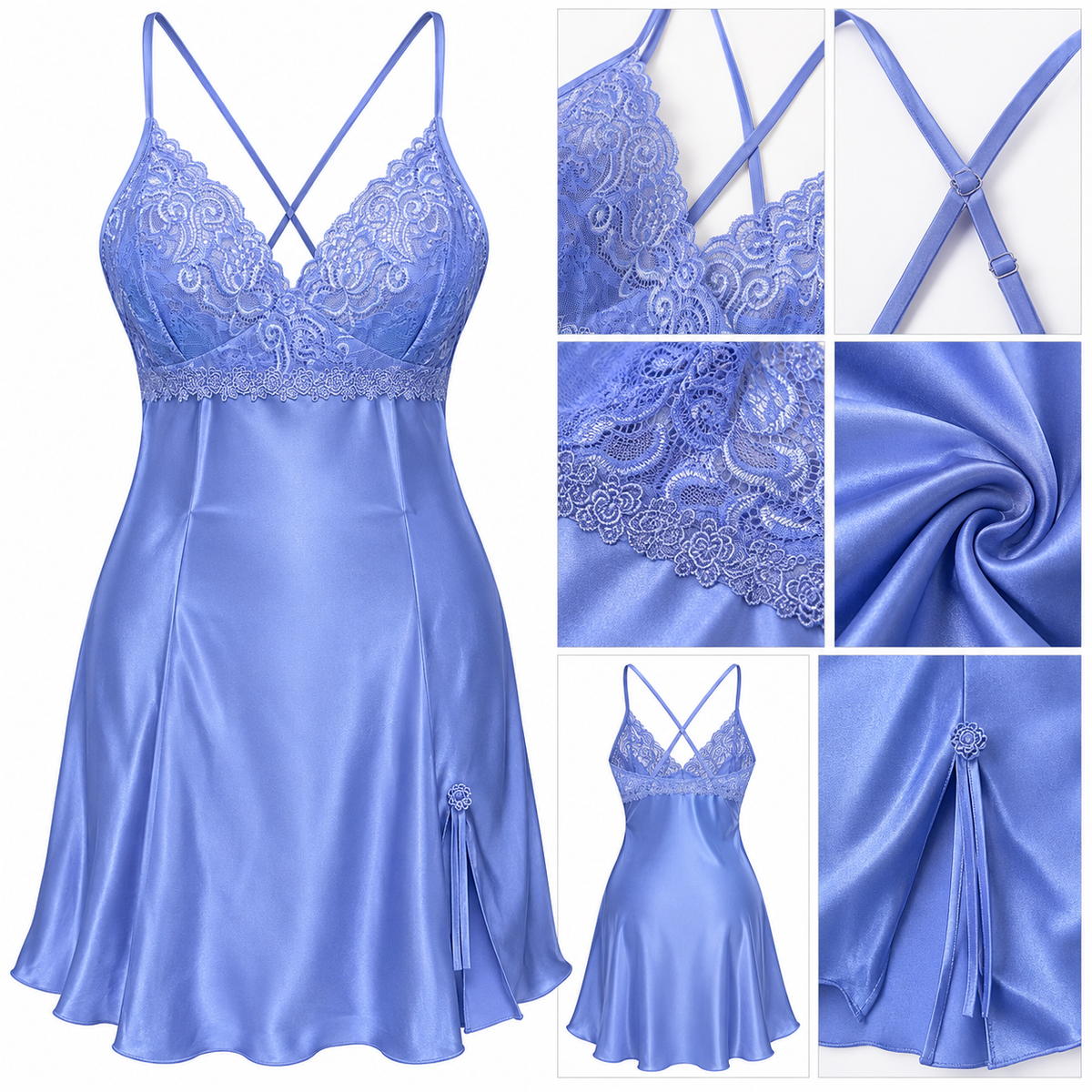 Satin Lace Chemise Nightdress Light Blue