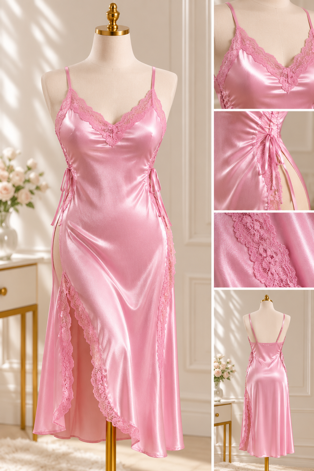 Satin Lace Long Lingerie with Side Slit 