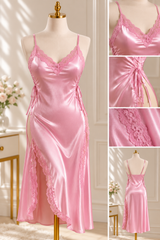 Satin Lace Long Lingerie with Side Slit 