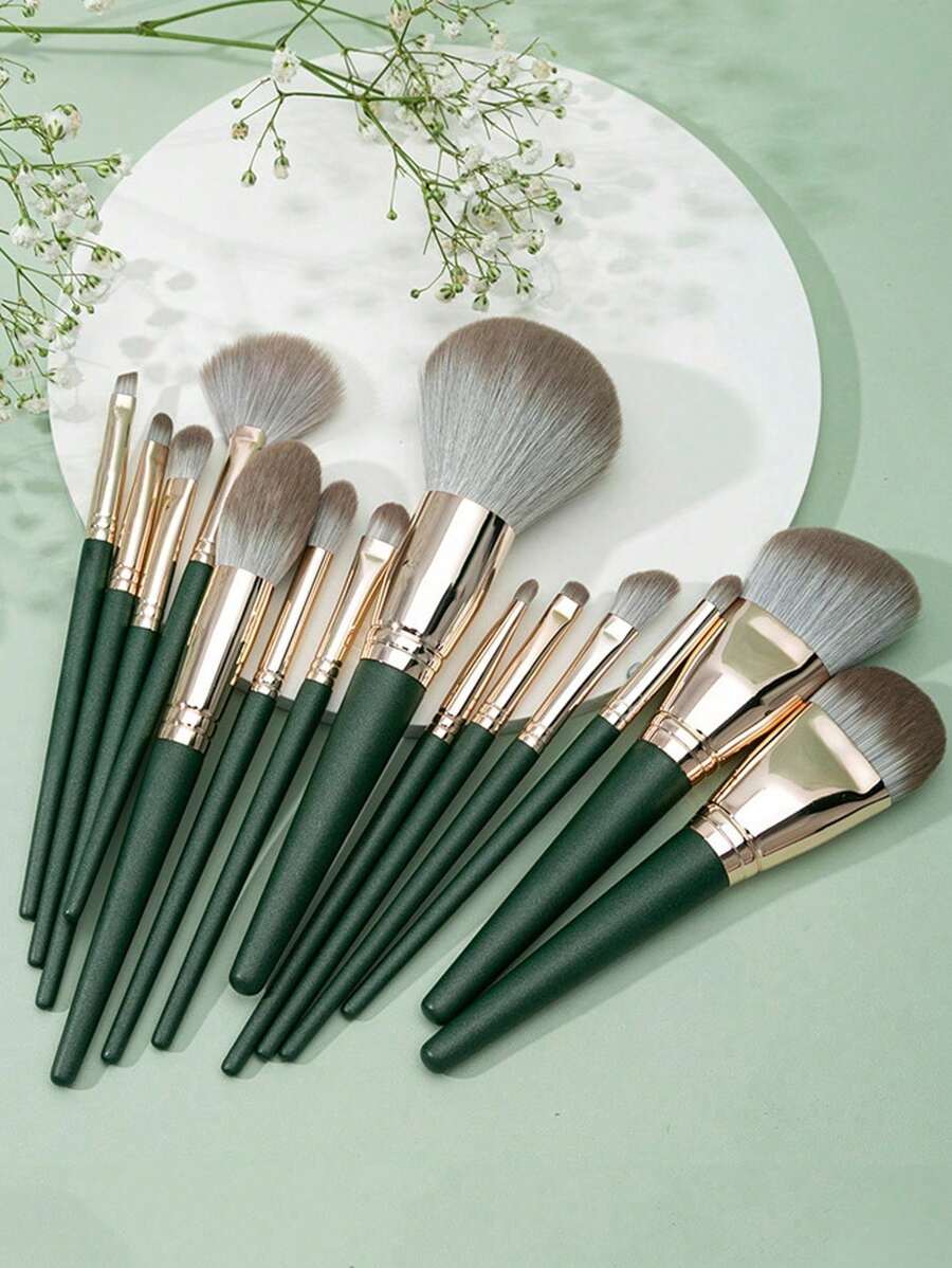 Shein 14pcs mulynsie Makeup Brush Set dark green