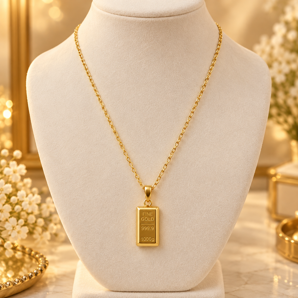 Stainless Steel Gold-Tone Ingot Bar Pendant Necklace