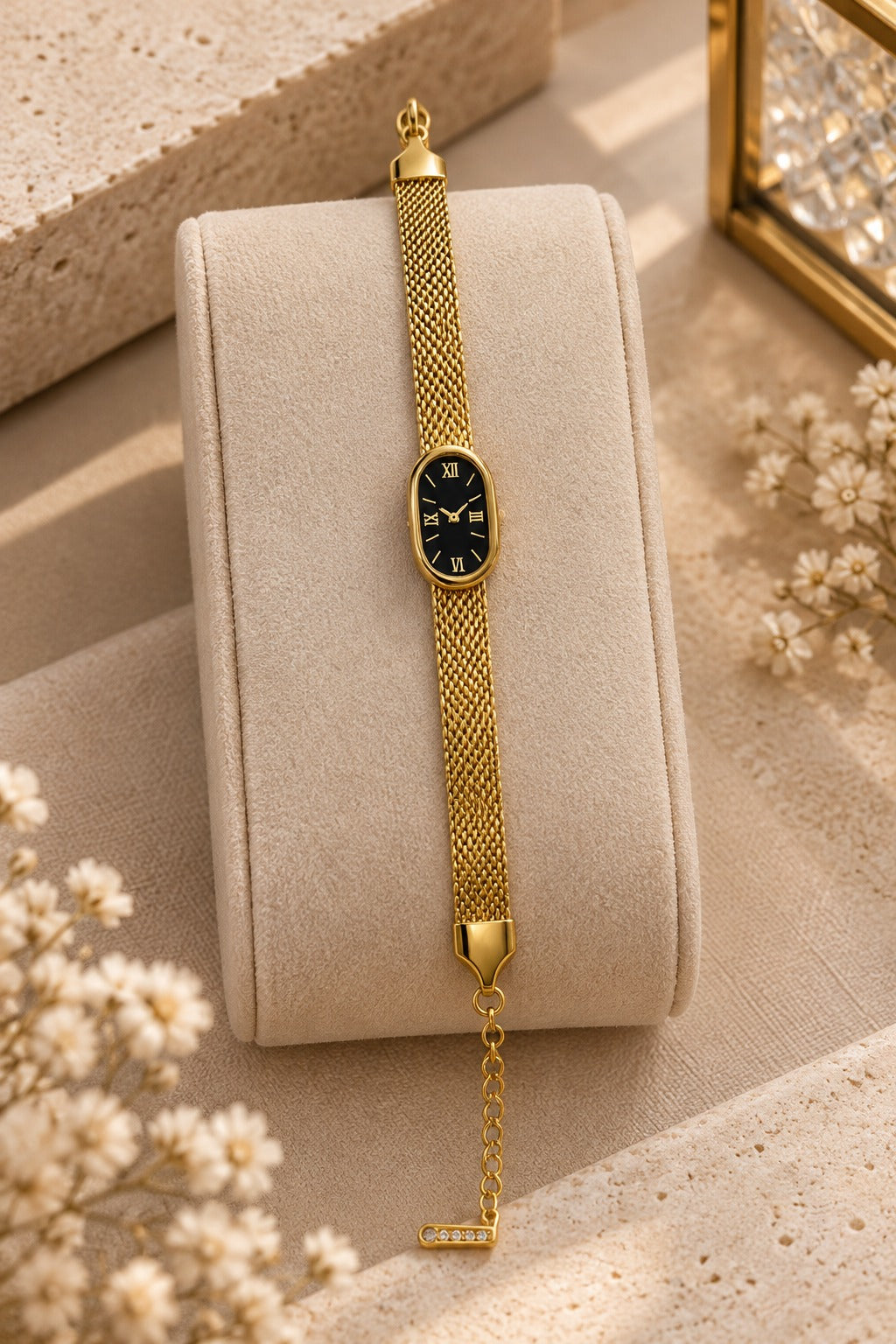 Stainless Steel Gold Mesh Bracelet for Women with Black Oval Charm