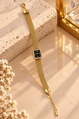 Stainless Steel Gold Mesh Bracelet with a Black Roman Numeral Centerpiece 