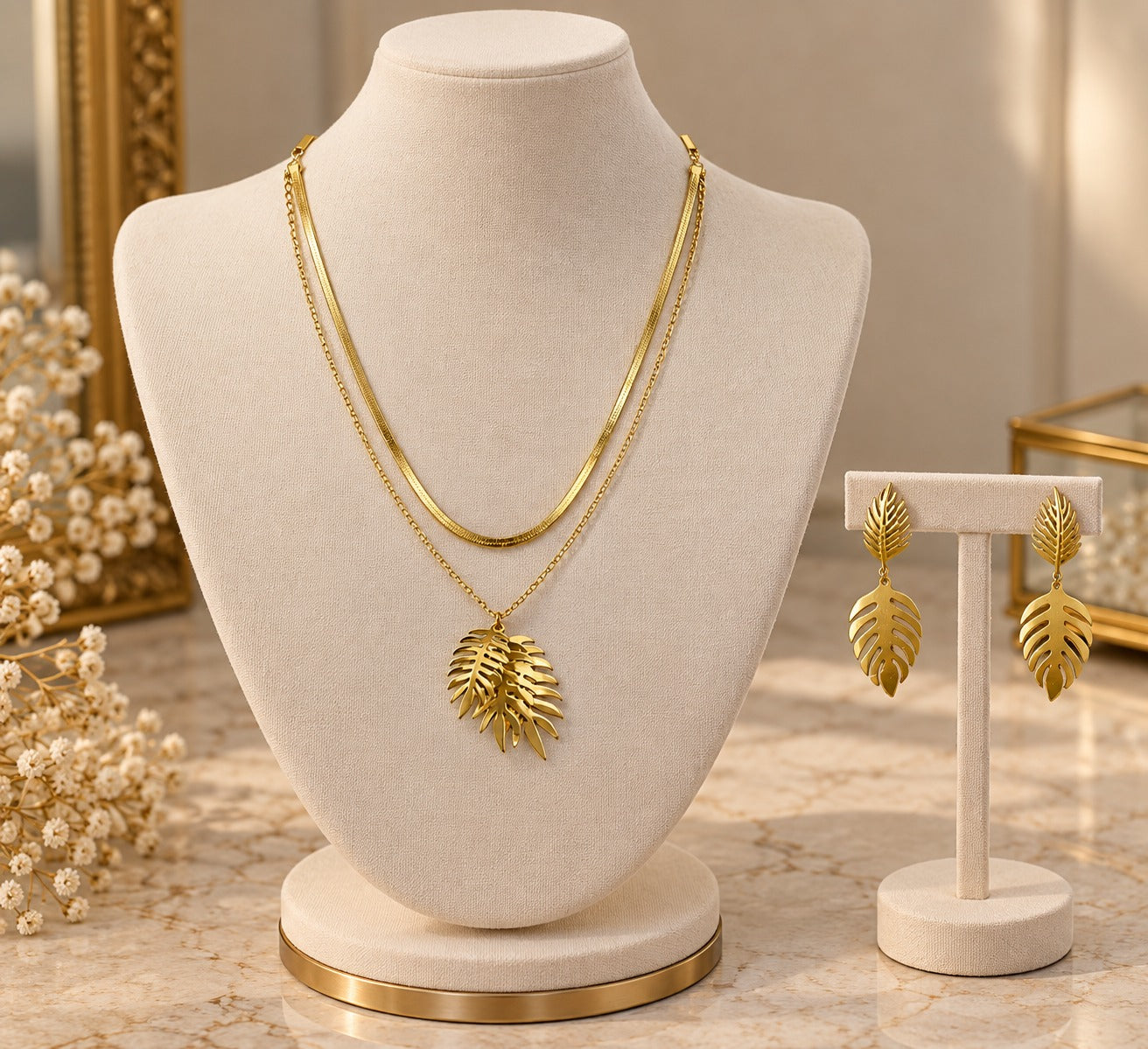 Stainless Steel Gold Tone Layered Tropical Leaf Necklace & Earrings Set