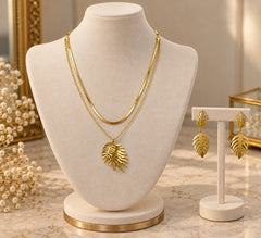 Stainless Steel Gold Tone Layered Tropical Leaf Necklace & Earrings Set