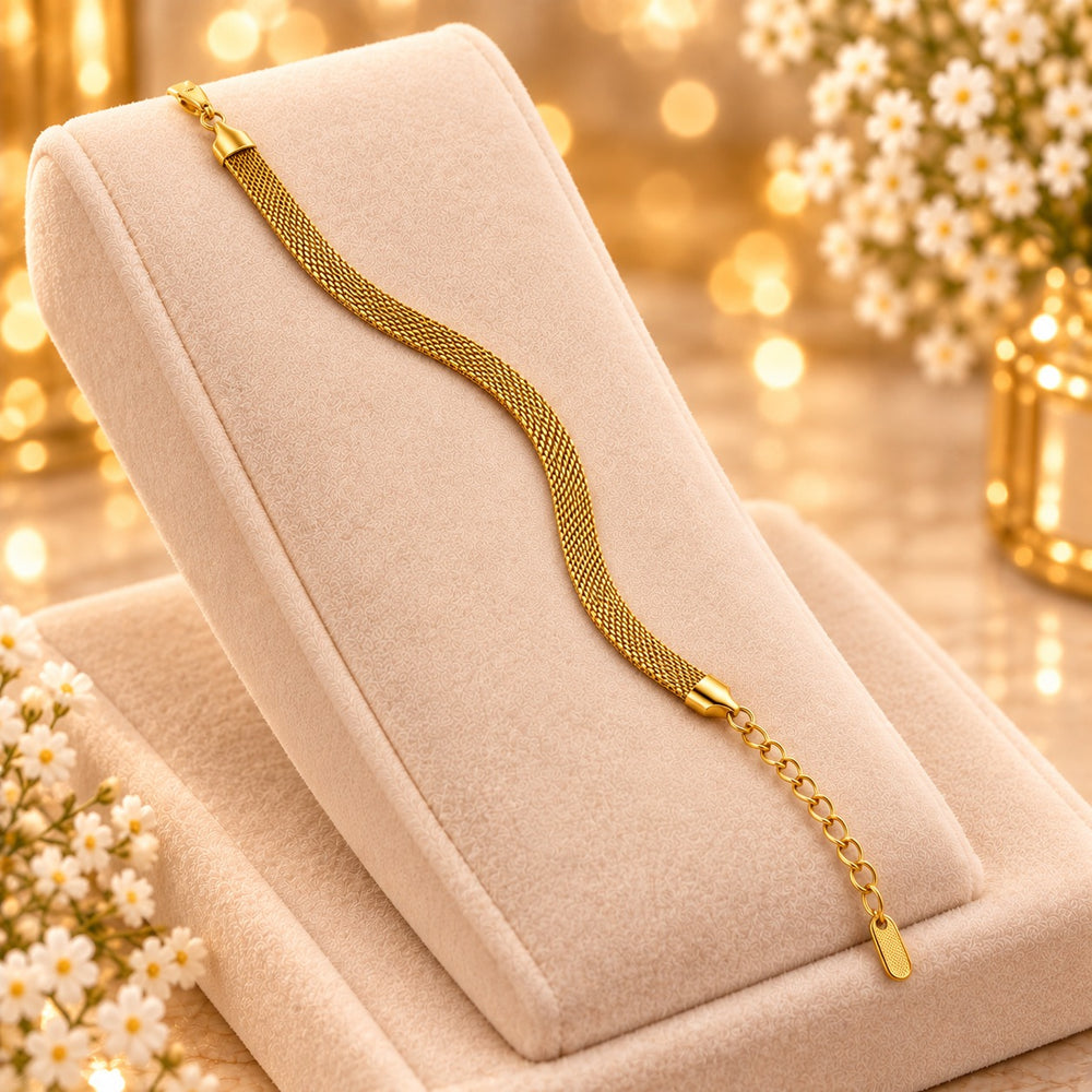 Stainless Steel Gold Tone Mesh Bracelet with Adjustable Chain