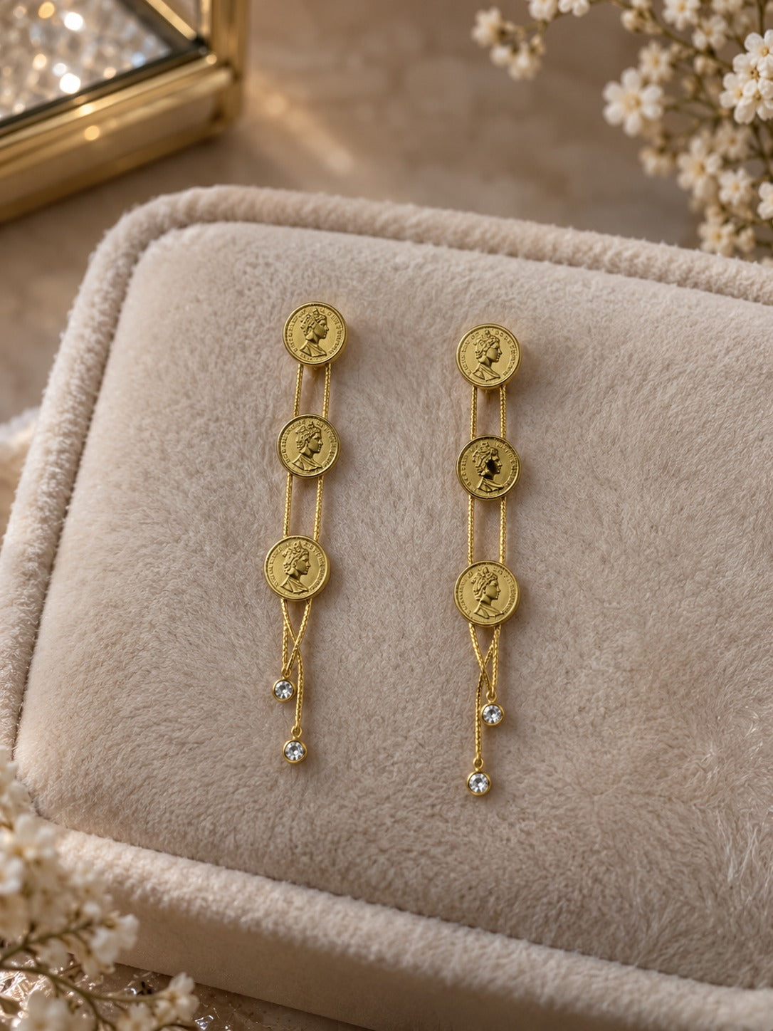 Stainless Steel Gold Triple Coin Drop Earrings