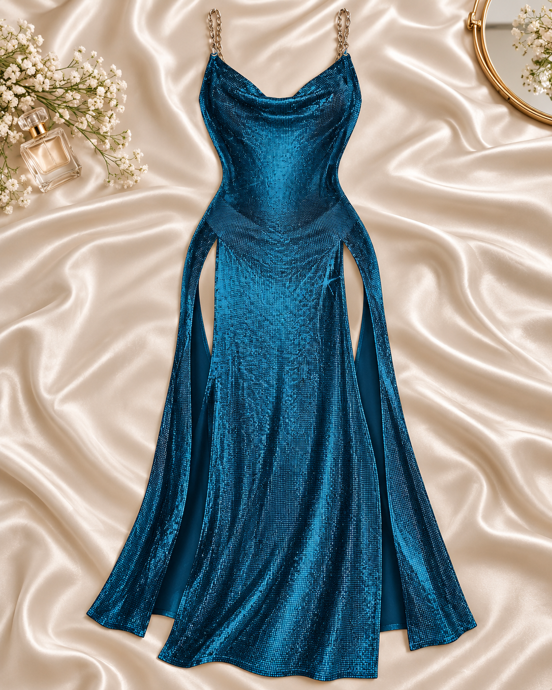 Teal Shimmer Chain Strap Maxi Lingerie Gown with High Side Slits 