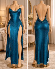 Teal Shimmer Chain Strap Maxi Lingerie Gown with High Side Slits