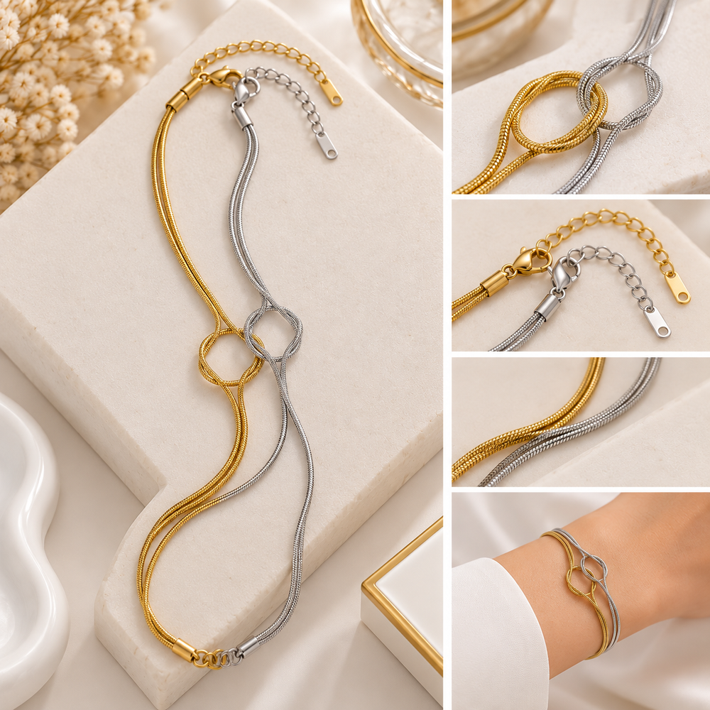 Two Tone Stainless Steel Double Snake Chain Knot Bracelet Gold & Silver