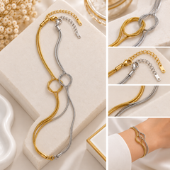 Two Tone Stainless Steel Double Snake Chain Knot Bracelet Gold & Silver