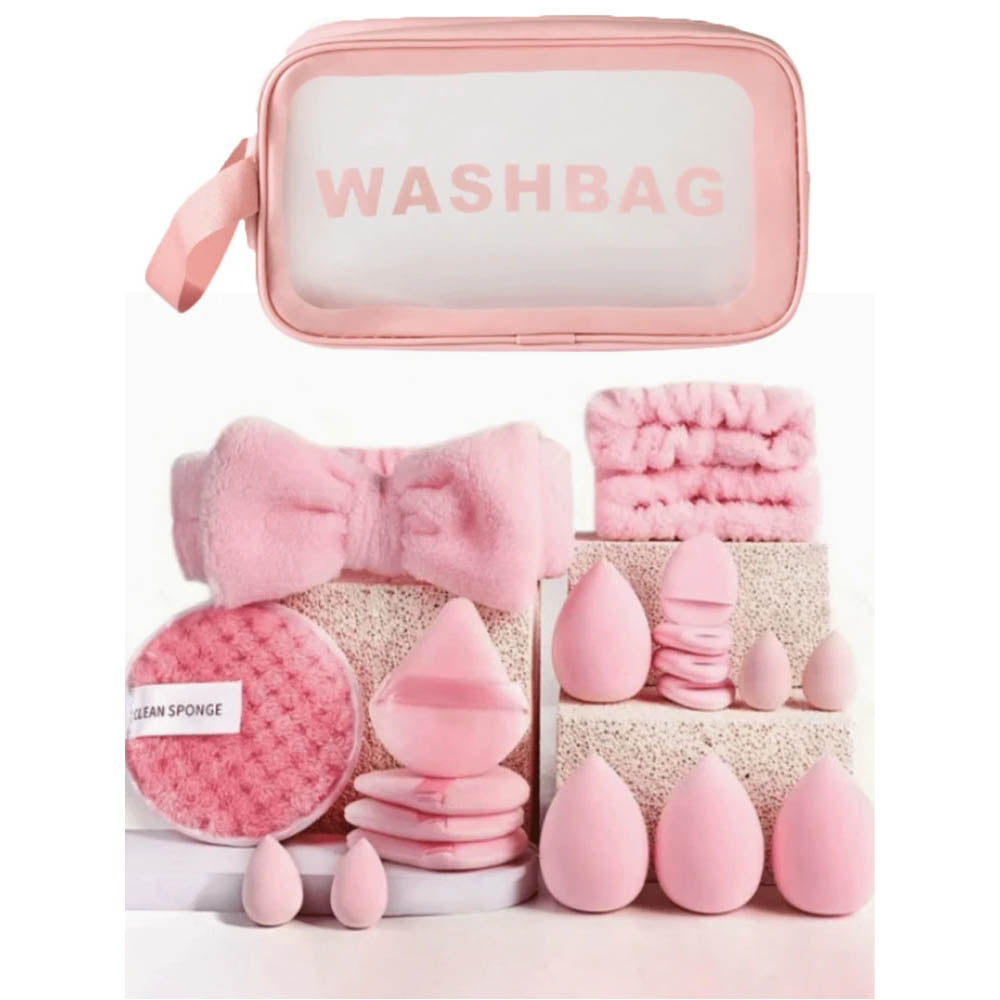 21Pcs Pink Makeup Sponge & Puff Set with Wash Bag and Skincare Headband
