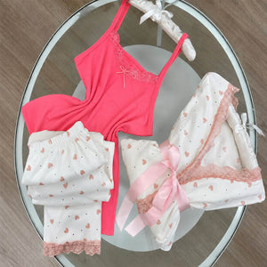 Pink Heart Print 3Pcs Pajama Set