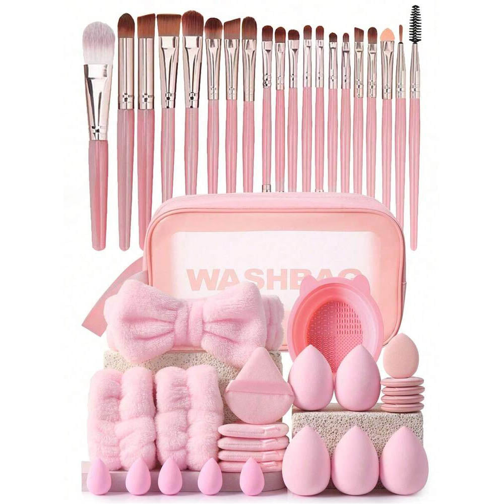 35Pcs Pink Makeup Brush Kit with Wash Bag