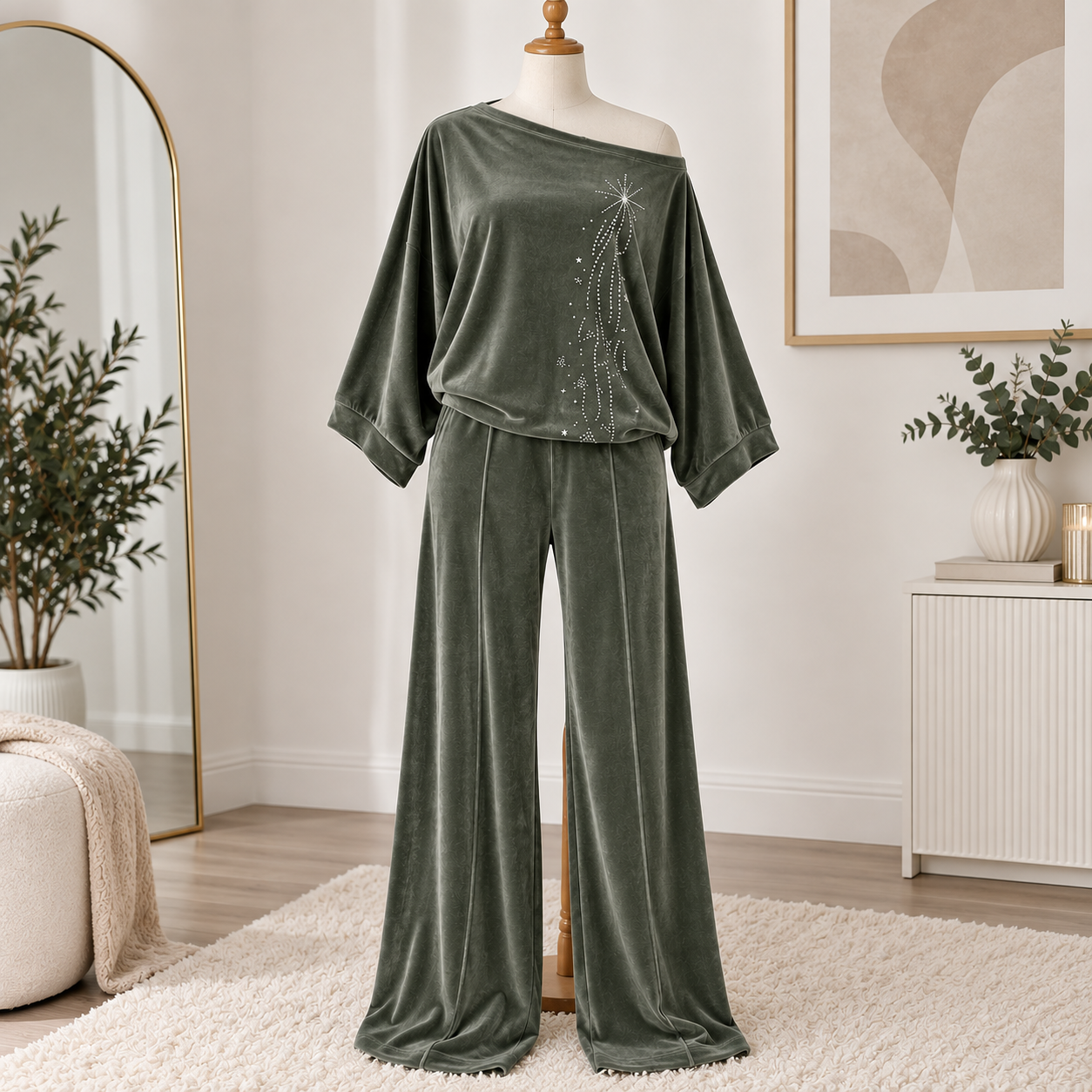 Velvet Wide Leg Lounge Set with Rhinestone Detail