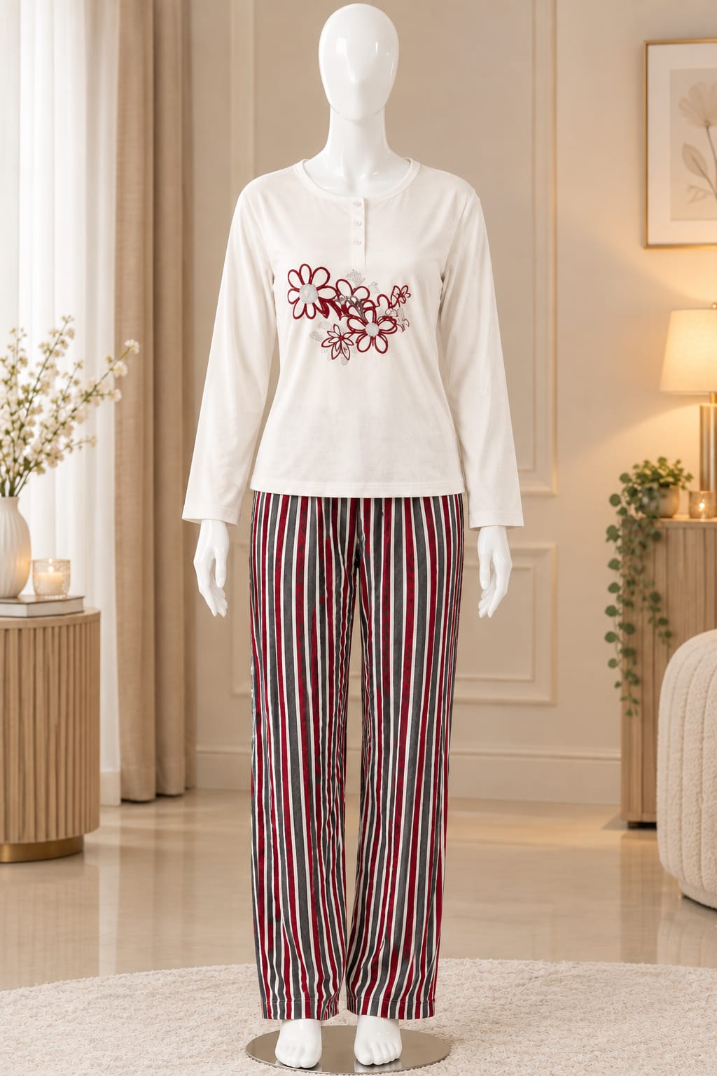 Burgundy Plush Robe 3-Piece Winter Pajama Set