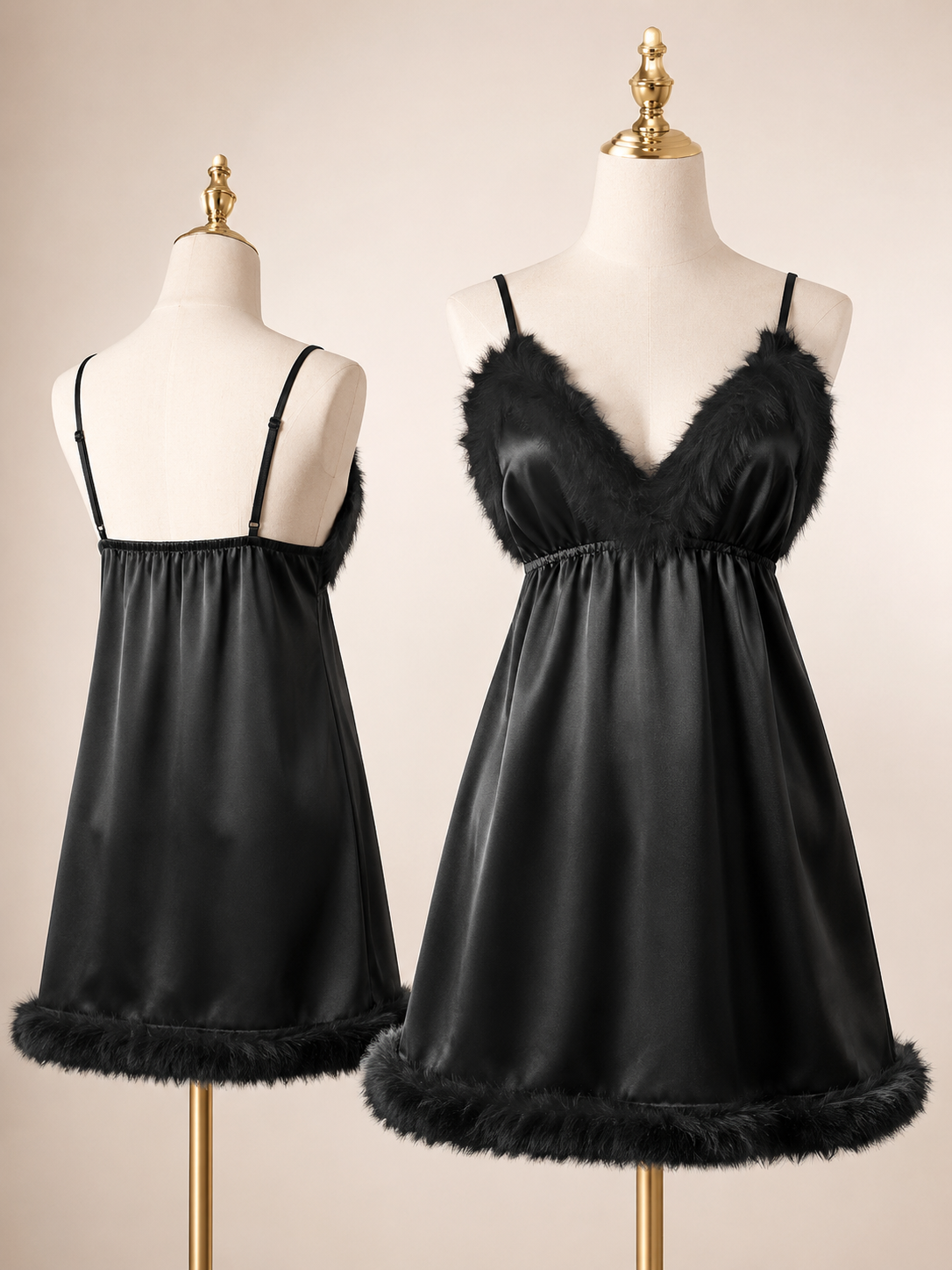Women’s Black Satin Feather Trim Chemise Nightdress