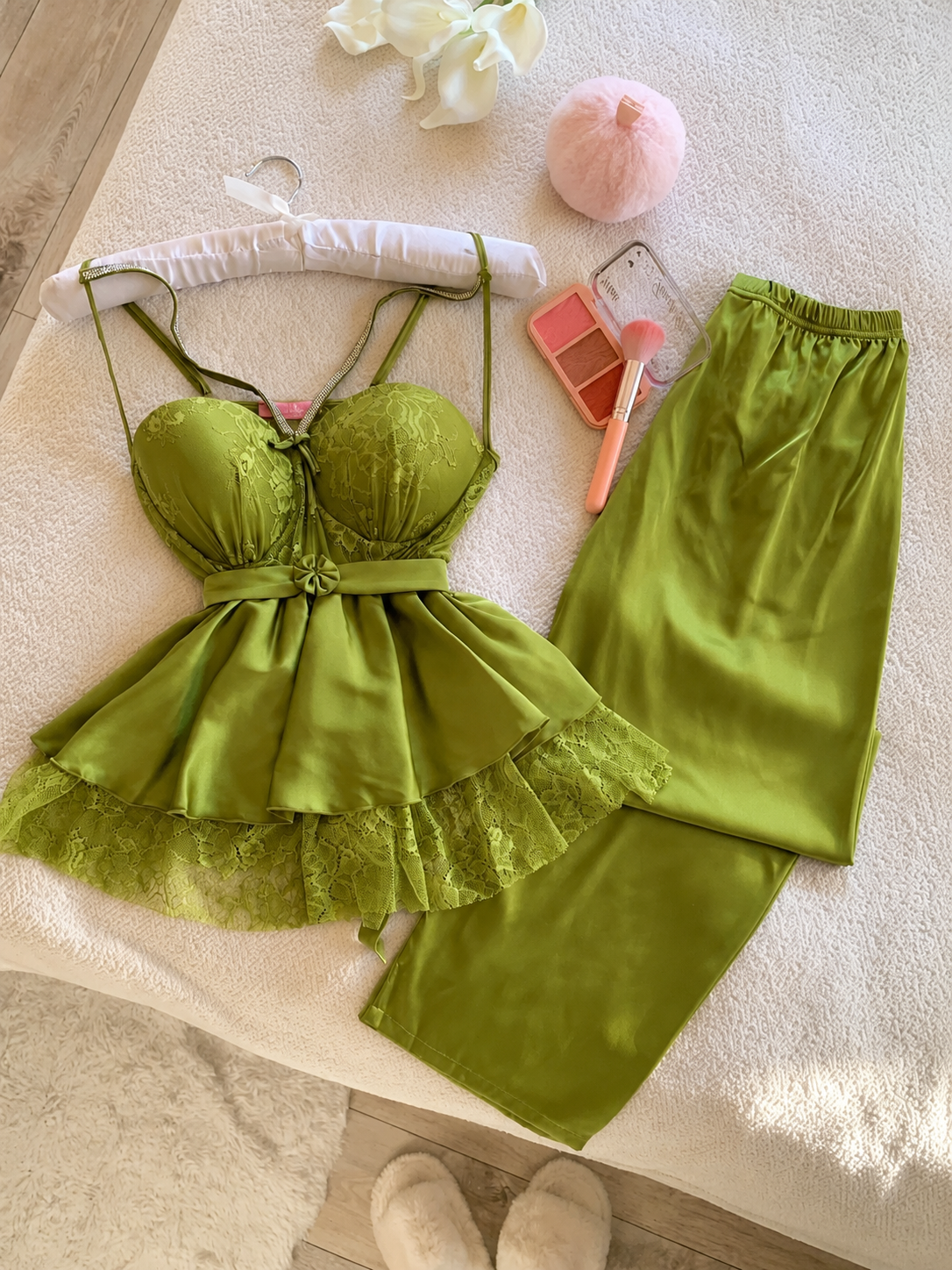 Women’s Olive Green Satin Lace Pajama Set